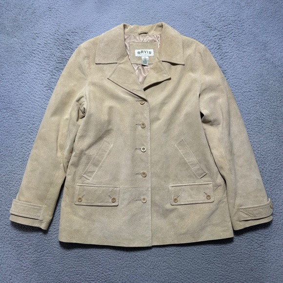 Orvis Jackets & Blazers - Orvis Womens M Tan Leather Jacket Button Front Blazer Coat Quilted Lining